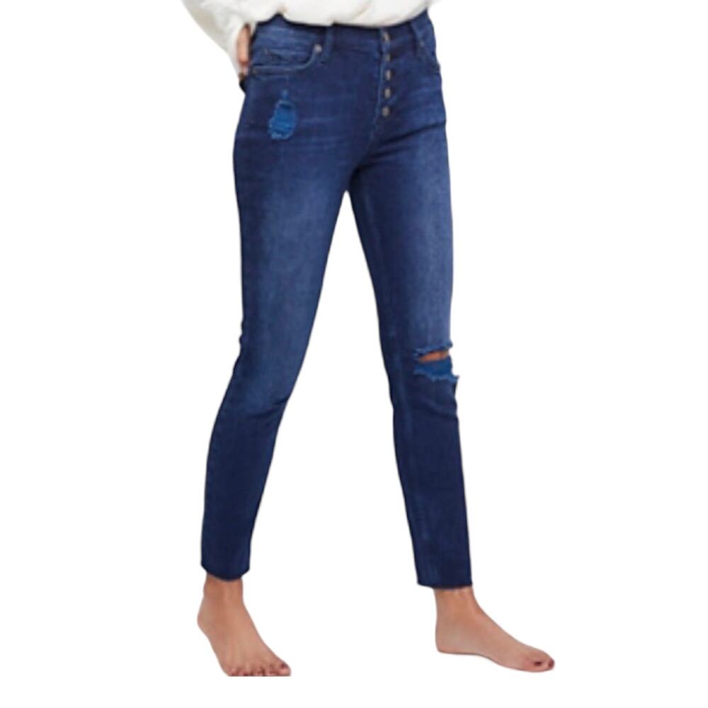 Free People Women 5 Front Button Destroyed Reagan Dark‎ Wash Jeans Size 27